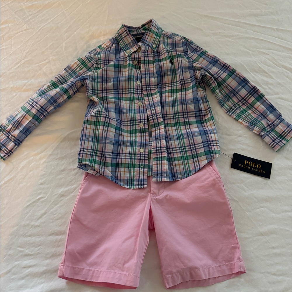 Ralph Lauren Multicolor Plaid Shirt and Pink Shorts (4t)